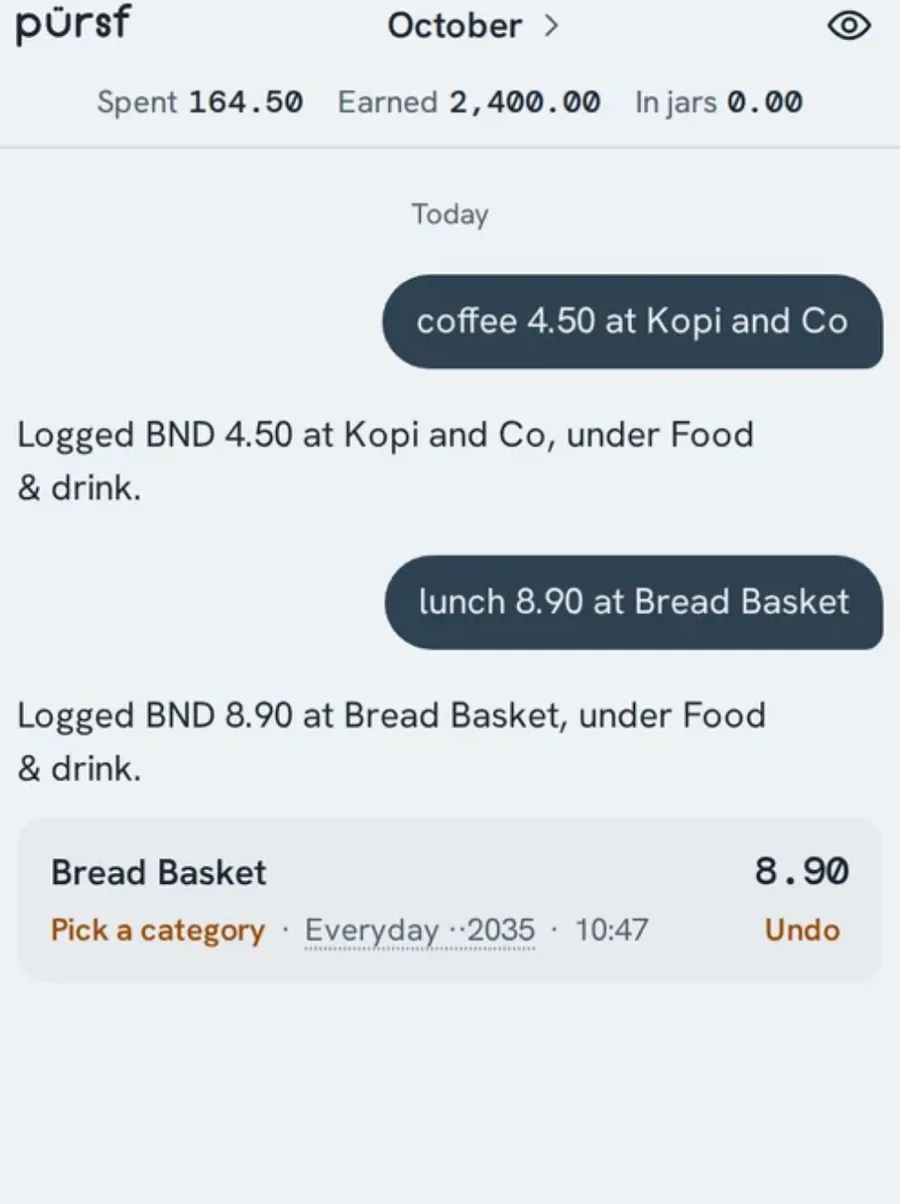 The pursf chat screen on a phone: two messages, coffee at Kopi and Co and lunch at Bread Basket, each logged and filed under Food and drink.