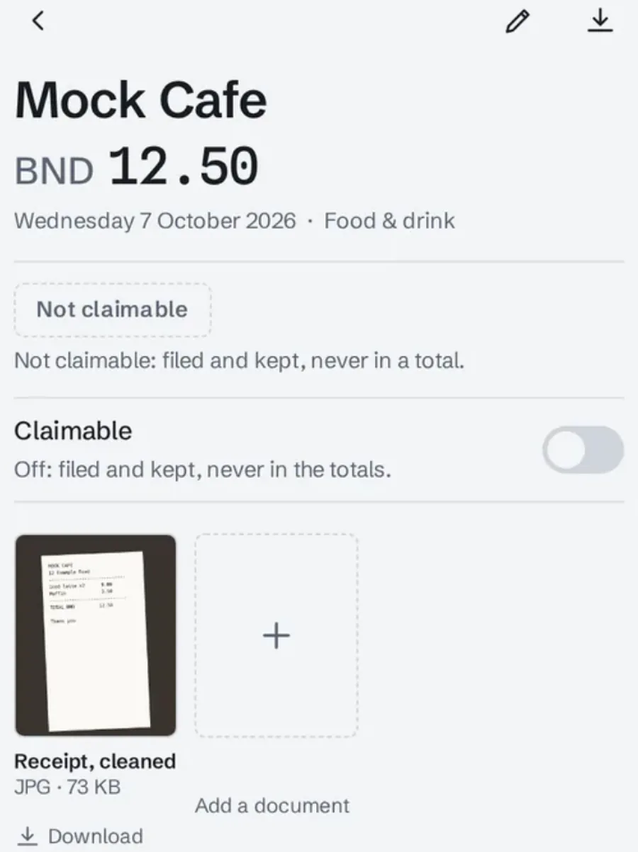 A receipt in resit on a phone: Mock Cafe, BND 12.50, Food and drink, with a claimable toggle and the cleaned photo of the receipt.